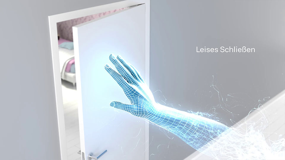 Ausschnit aus der GEZE Active Stop 3D-Animation - CG Hand schließt Tür mit Text 